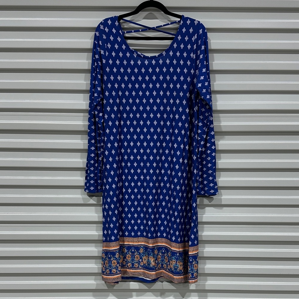 Loveappella Deep Blue Printed Long Sleeve Dress with Border Detail